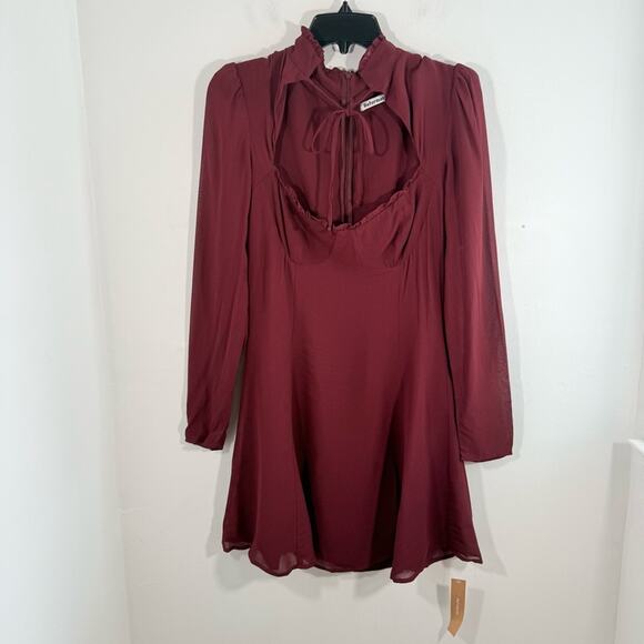 NWT Reformation Vivianne Maroon Sweetheart Tie Neck Long Sleeve Mini Dress 8 - Picture 2 of 15